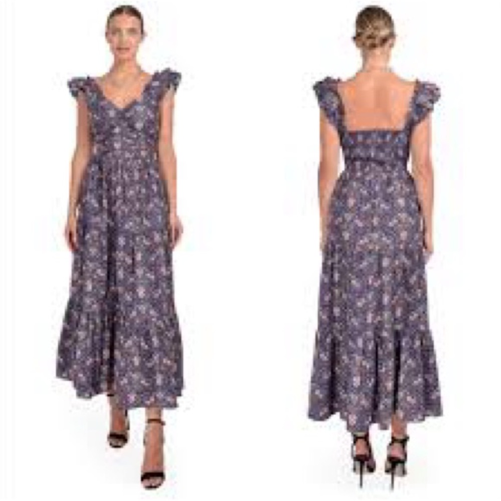 NWT CAROLINE CONSTAS Ruffle Sleeve Maxi Dress (Navy Pansy Print)